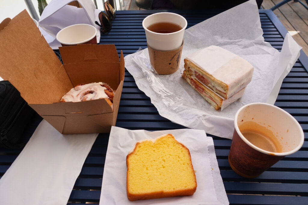 Sandwich, cake and hot drinks